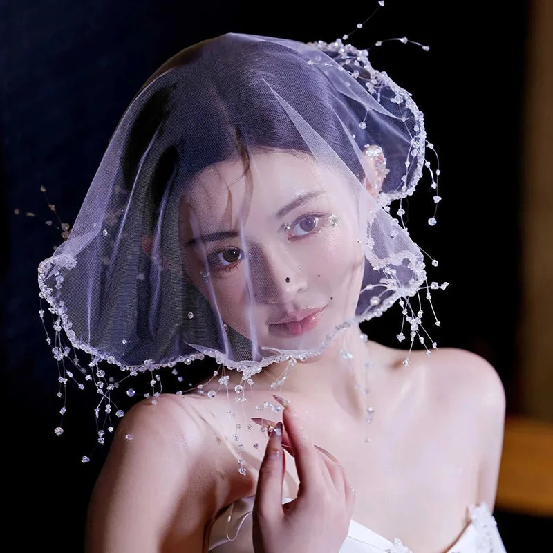 

bridal crystal beaded short veil new elegant and advanced sense photo certificate photo wedding accessories
