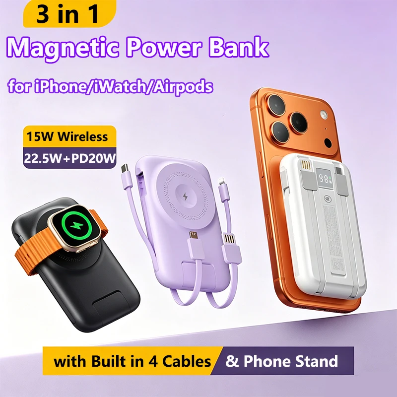 

10000mAh Power Bank for Magsafe Magnetic Wireless 22.5W Fast Charging Portable Battery with Cable Stand For iPhone 12-17 iWatch