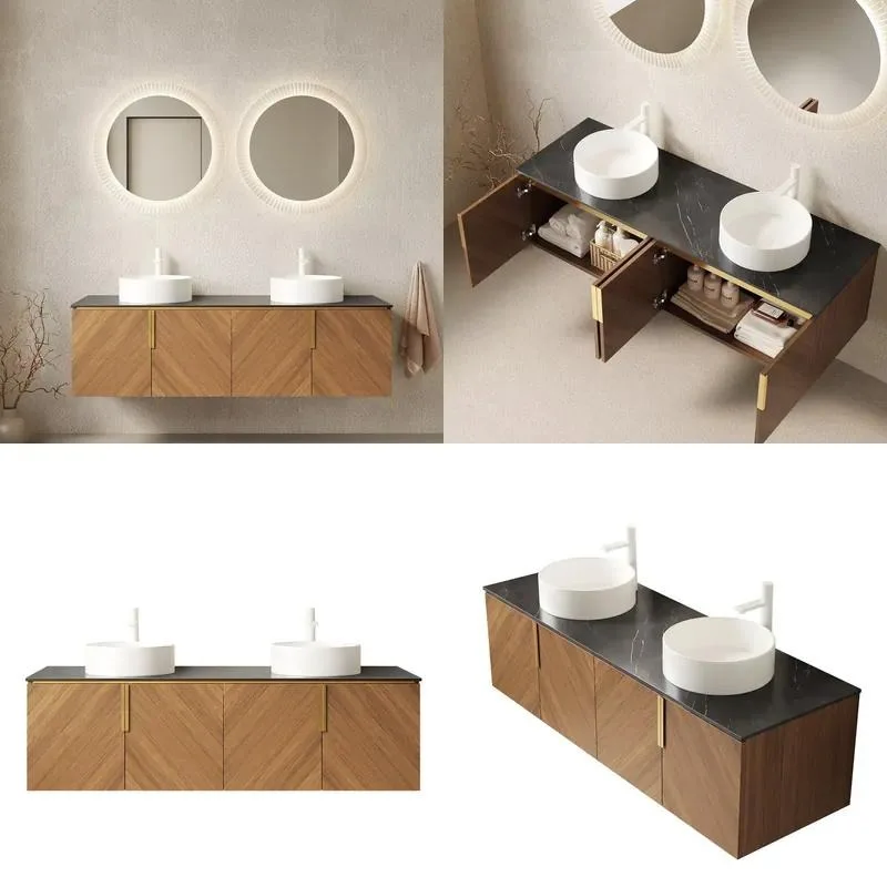 60 Inch Floating Plywood Bathroom Vanity with Double White Round Ceramic Basins Wall Mounted Sink Cabinet