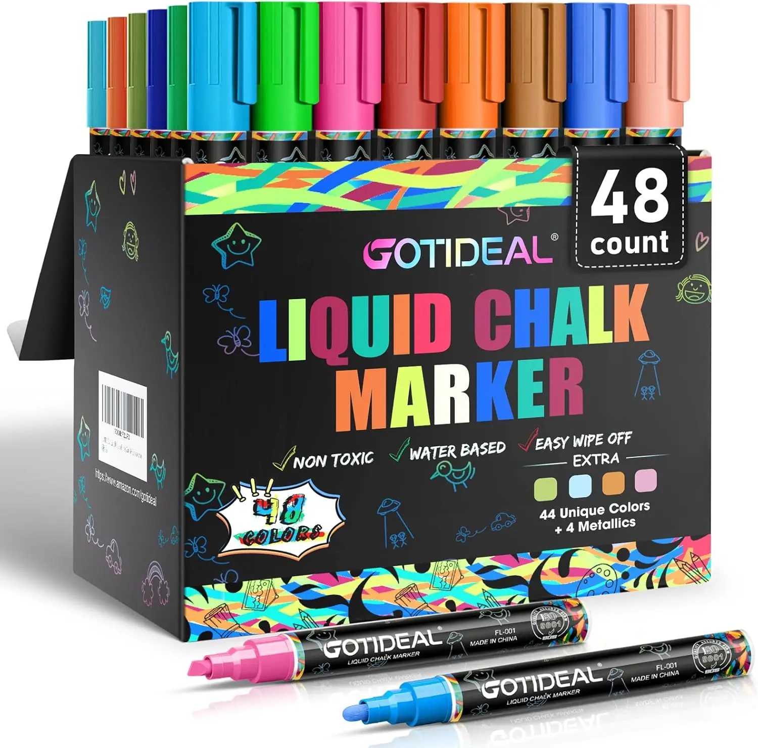 

Erasable Liquid Chalk Markers, 48 Colors with Reversible Tips for Blackboard, Glass, Cars - Washable & Non-Toxic