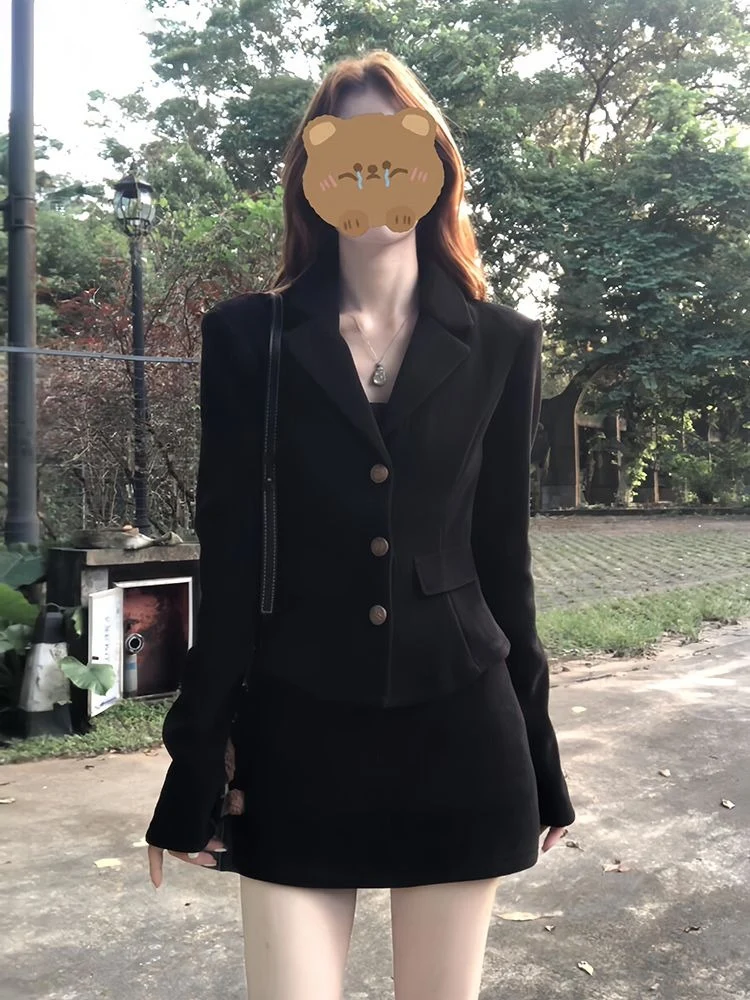 

Темпераментные комплекты из 2 предметов Женские наряды Y2k Однобортные приталенные куртки + мини-юбка с высокой талией Модный корейский осенний костюм