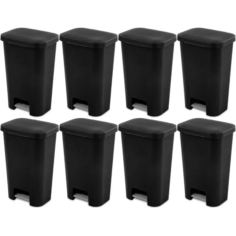 11.9 Gallon Step-On Plastic Wastebasket with Wide Lid and Comfortable Handle, 8-Pack, Black for Kitchen and Home