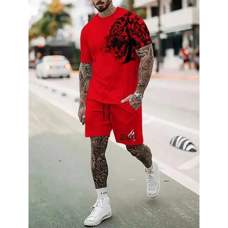 2025 Hot Selling Fashionable Men's 3D Printed Lion Print Round Neck T-shirt Shorts Set Outdoor Casual Top Two-piece Set