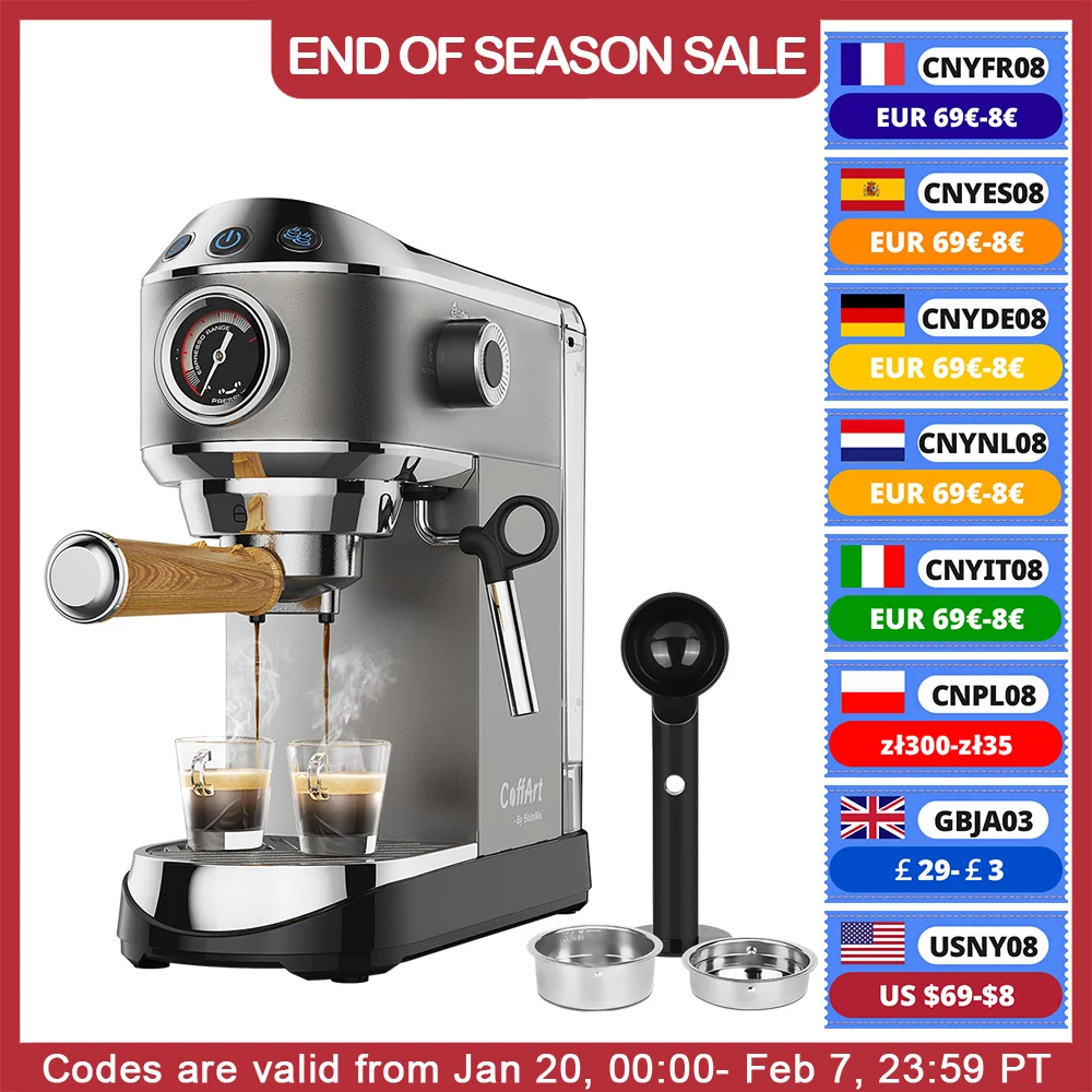 BioloMix 20 Bar Semi Automatic Powder Coffee Machine,with Milk Steam Frother Wand, for Espresso, Cappuccino, Latte and Mocha