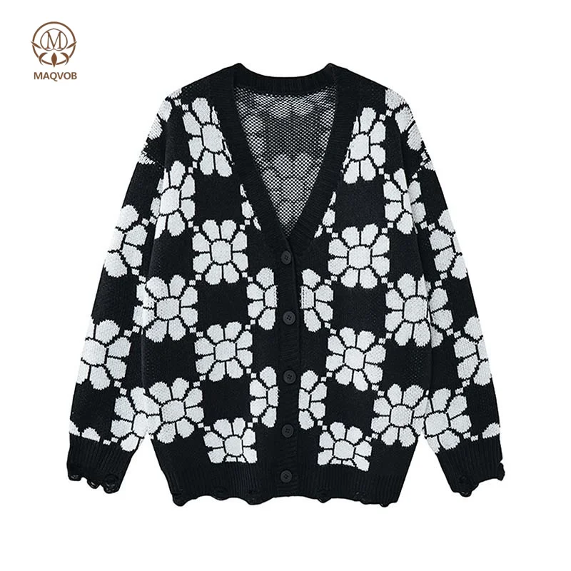 MAQVOB2026 Autumn Winter Street Floral Jacquard V-Neck Cardigan Sweater Travel Holiday Office Business Unisex Casual Sweater