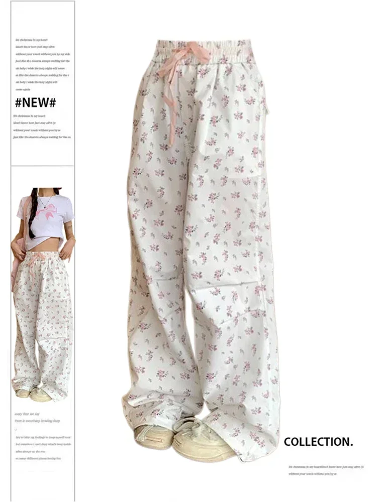 Women's Floral Printed Pants Y2K Summer Fashionable High Waisted Loose Pants Harajuku Wide Leg Pants American Clothing New Style