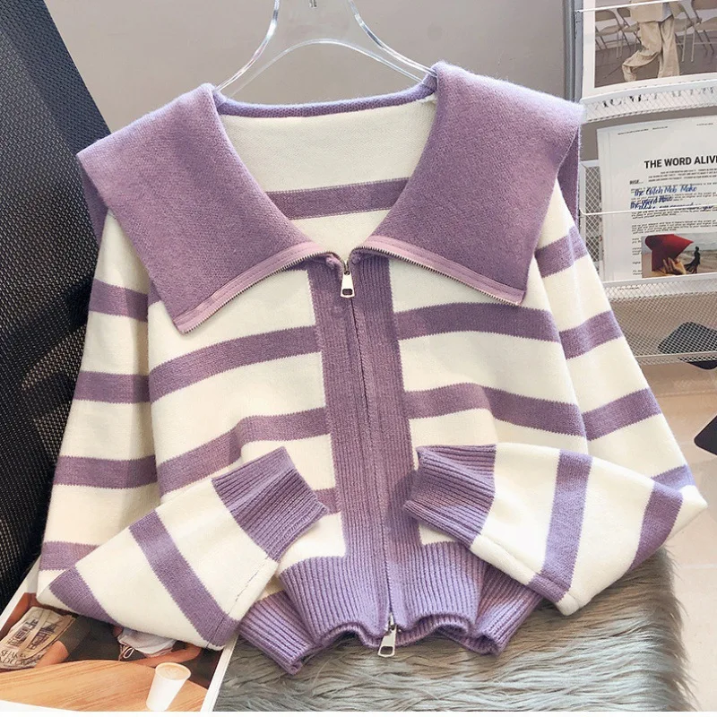 Women\'s Knitted Stripe Sweater Sweet Preppy Style Peter Pan Collar Cardigan Top Spring Autumn 2023 New Zipper Fashion Outwear