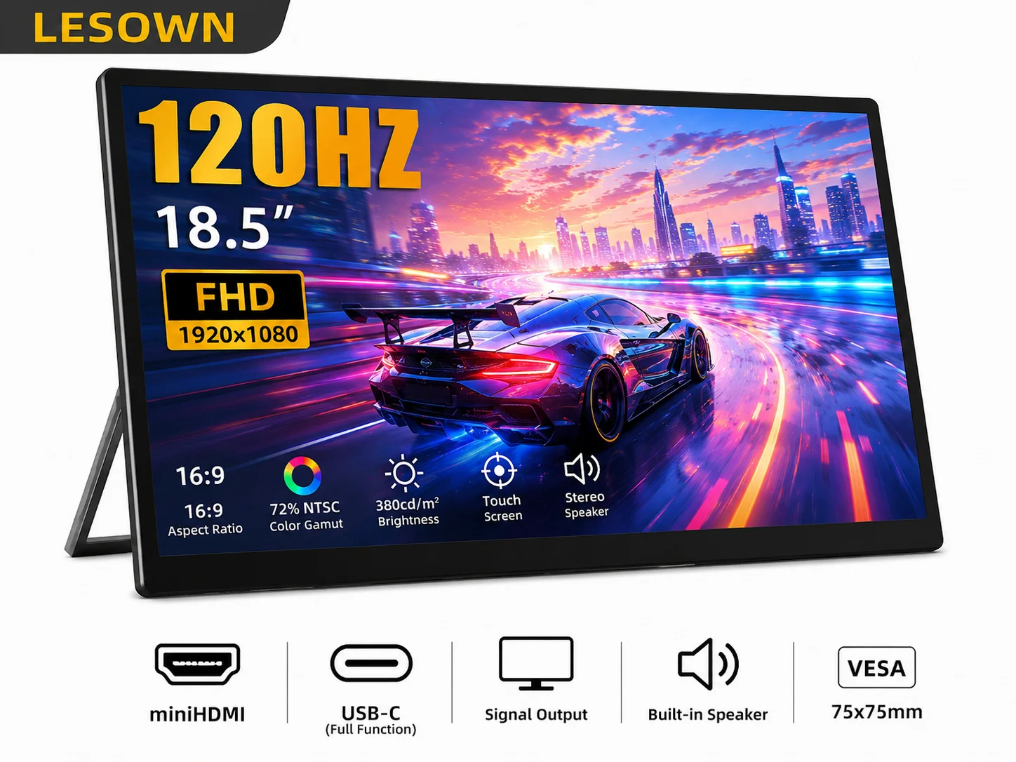 

LESOWN 18.5" 120Hz Portable Monitor 1080P FHD Driverless Type-C Extender Built-in Speakers Easy Setup for MacBook