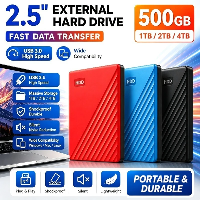 Portable 2.5 Inch External Hard Drive,Fast Data Transfer, Multi‑Device Compatible HDD Durable Storage Disk for Data Backup