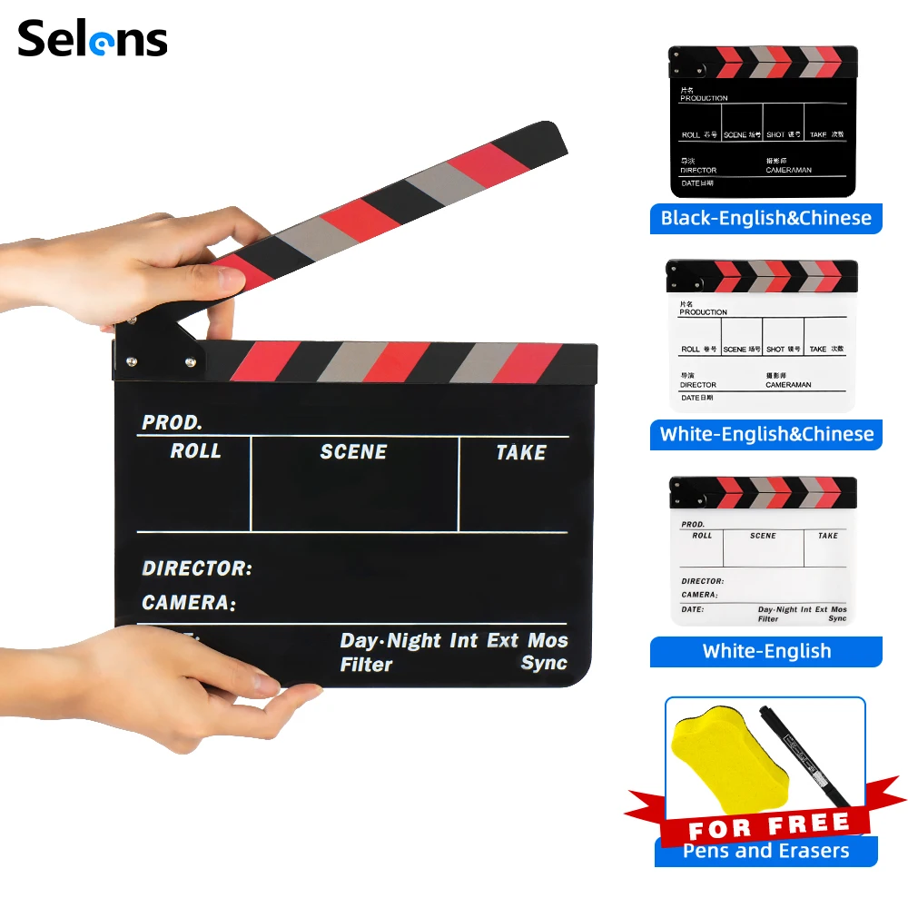 

Selens Clapper Board Acrylic Movie Action Slate Director Film Clapboard Slate Wooden with Pen