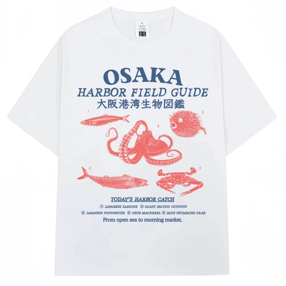 Japanese Style Osaka Harbor Field Guide Graphic T Shirt Men Women Japan Marine Life Octopus T-shirt Loose Cotton Casual T Shirts