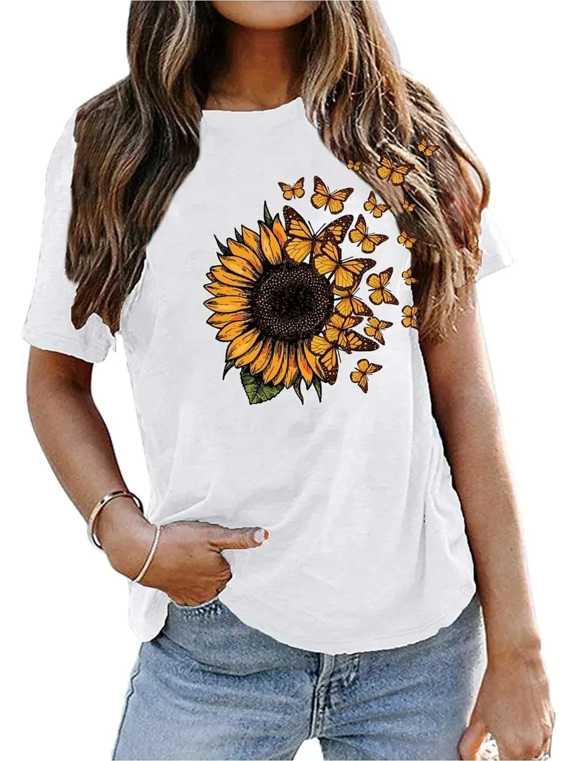 Sommer Mode Lässig Sonnenblumen Schmetterling Druck Frauen T-Shirt Oansatz Harajuku Mädchen T-shirt Weiß Kurzarm Tops