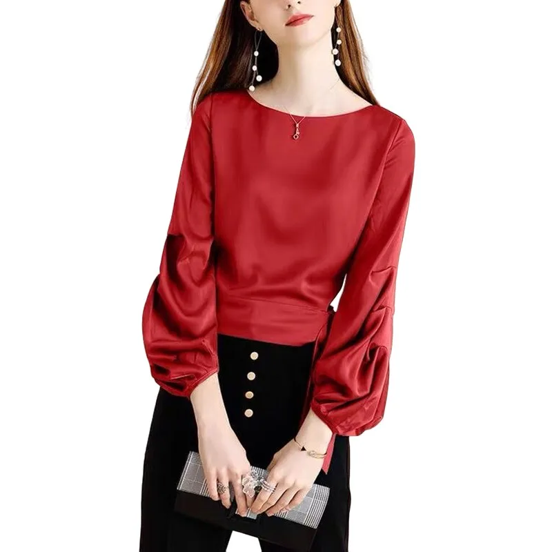 Spring Autunm Elegant Women Acetate satin Shirts vintage Lantern Long Sleeve Office Ladies ice silk Blouse Plus size Tops