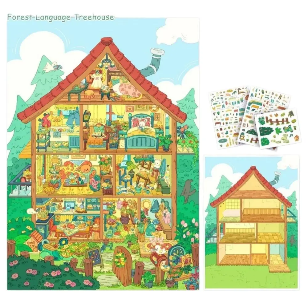 Cute Style 3D Landscape Sticker PET 23x31 Large Scene Cartoon Scene Sticker Die Cut Tree House DIY Toy Sticker Birthday Present