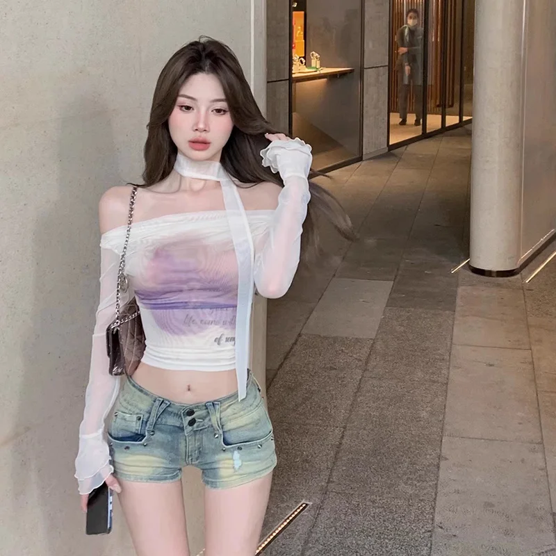 Sexy Mesh Aesthetic Letter Print Crop Tops Women Streetwear Y2k Clothes Harajuku Strapless T-shirts Long Sleeve Slim Chic Tees