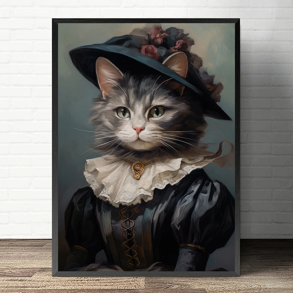 Renaissance Cat Portrait Black Cat Victorian Gothic Poster Canvas Painting Wall Art for Living Room Home Decor Cuadros