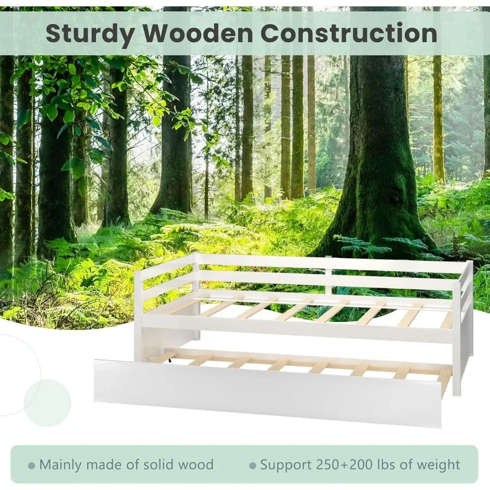 Twin Daybed mit Rollbett weiß, Holz ausziehbett mit Holz latten stütze, Mitte des Jahrhunderts Tages bett rahmen für Wohnzimmer Gästezimmer