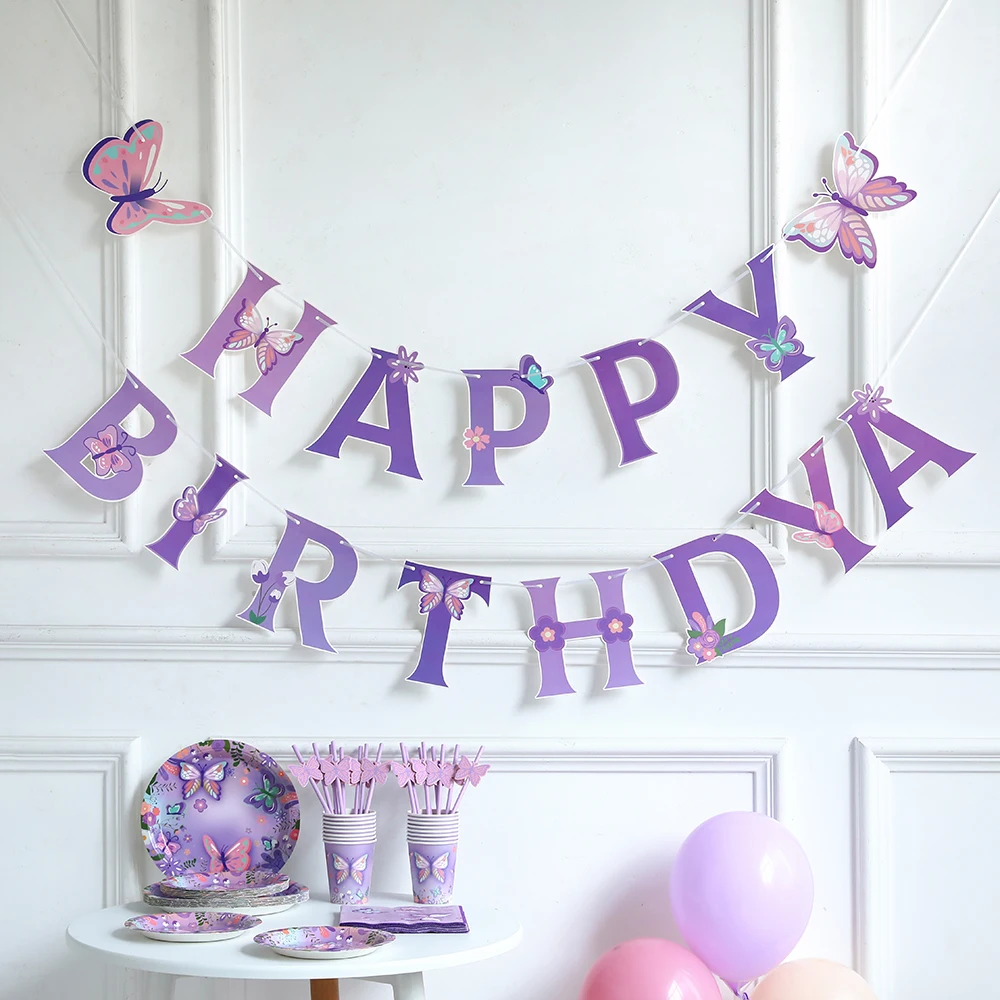 Fioletowy baner motylkowy wiszące wiry girlanda wykaszarki do ciast DIY Kid Girls dekoracja urodzinowa ślub artykuły na baby shower