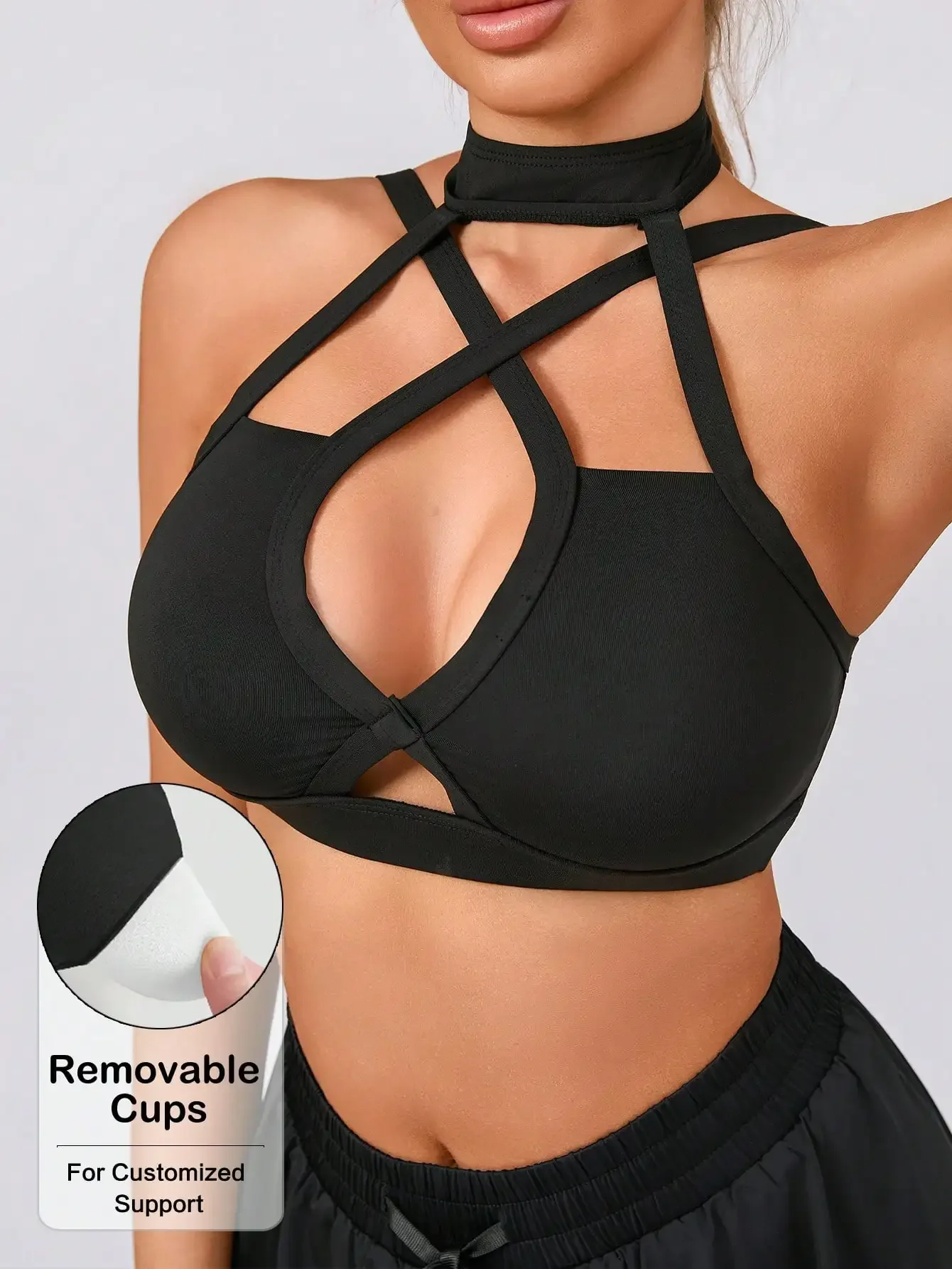 

Women's Solid Color Fashion Removable Padded V-Neck Criss-Cross Back Sports Knit Bra Black Spring and summer