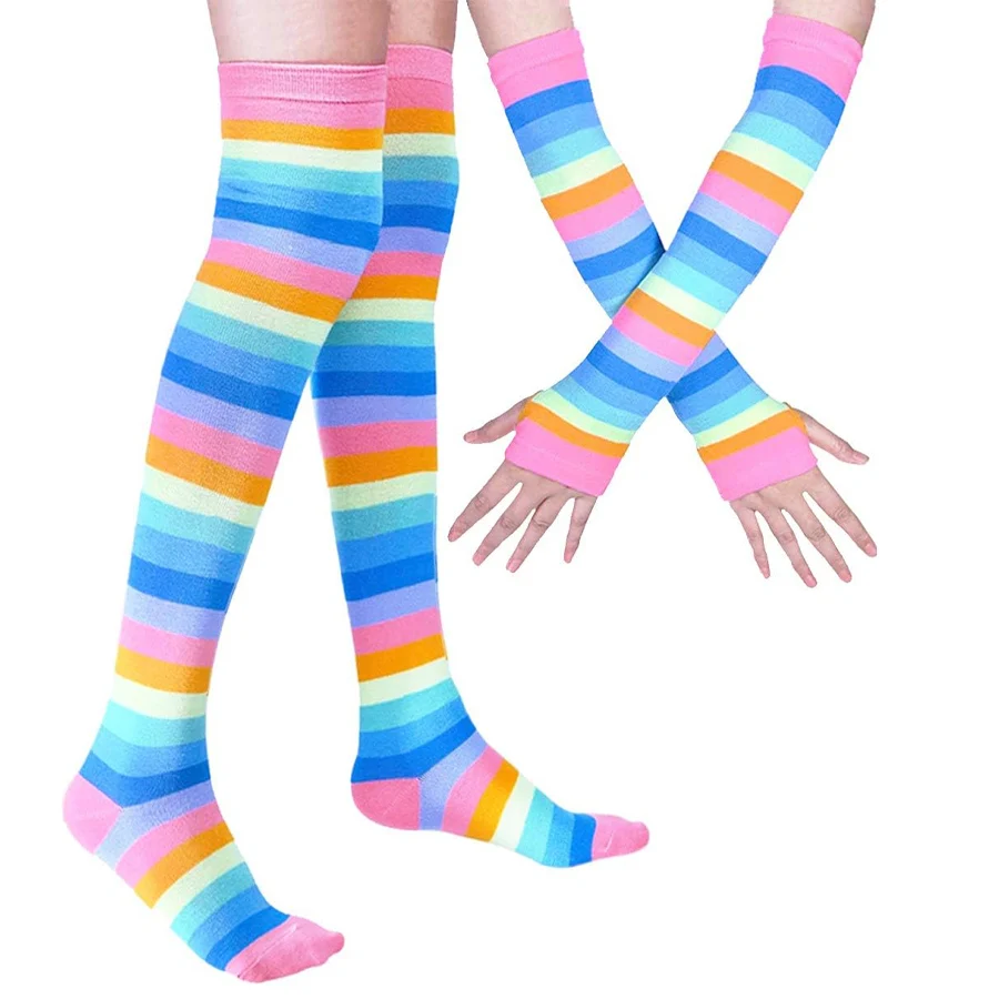 Women Over Knee Long Stripe Socks Girl Arm Sleeve Gloves Thigh High Cotton Socks Sweet Cute Christmas Gift