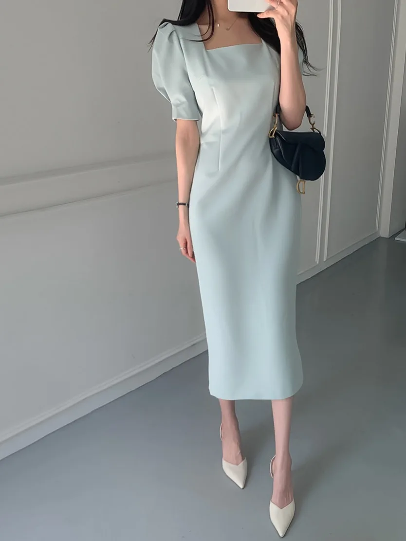 

Chic Slimming Square Ne Pleated Waist Mid-Length Slit Bubble Sve Bodycon Dr Women Commute Sle ort Sve round Ne