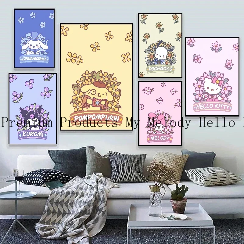 

Sanrio Anime Peripheral Poster Hello Kitty Kuromi Cinnamoroll Canvas Painting Print Children's Room Decoration Christmas Gift