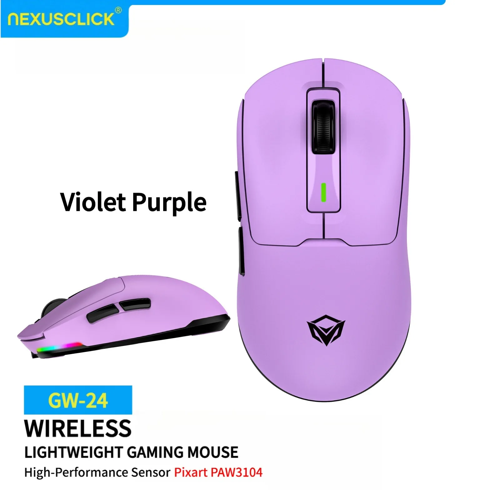 NexusClick GW24 PAW3104 Wireless E‑sports Mouse,3‑Mode 62g Lightweight,8000DPI Magnetic Fast Charging RGB Backlight Gaming Mice