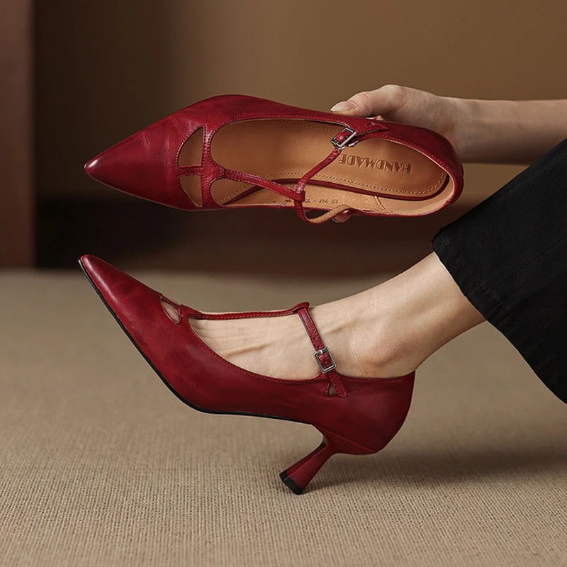 

NEW Spring/Autumn Women Pumps Genuine Leather Shoes for Women Pointed Toe Thin Heel Shoes Shallow Buckle Strap High Heel Shoes