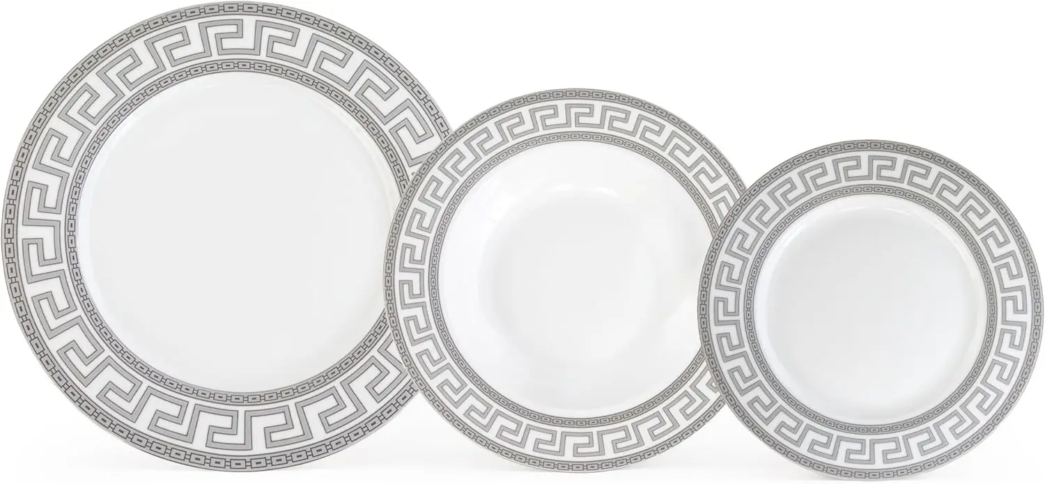 

Porcelain 12 Piece Dinnerware Set - Service for 4 - Gorgeous Silver Greek Key Inspired Design - Includes Kitchen Plates, Ceramic