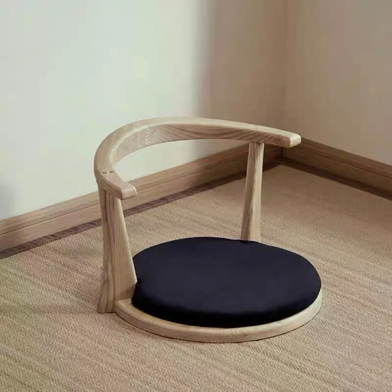 

Solid Wood Tatami Floor Seat, Japanese Backless Tea Chair, Low Hand Polished Stool, Thick Natural Timber Cushion for Zen Room