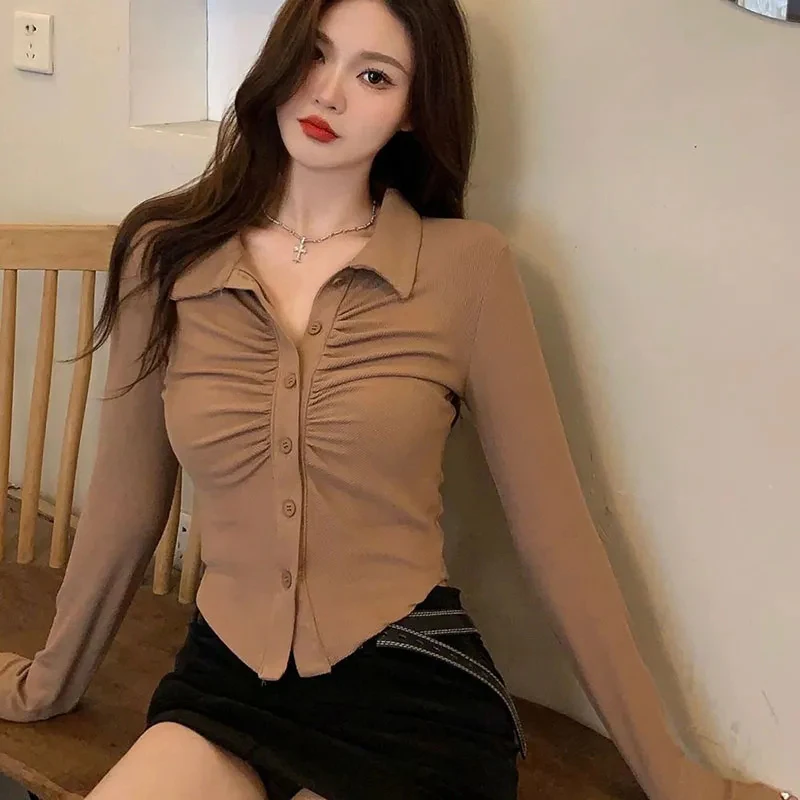 

Zoki Y2K Chic Folds Cropped Shirts Women Autumn Sexy Slim Single Breasted Blouse All Match Turndown Collar Long Sleeve Tops