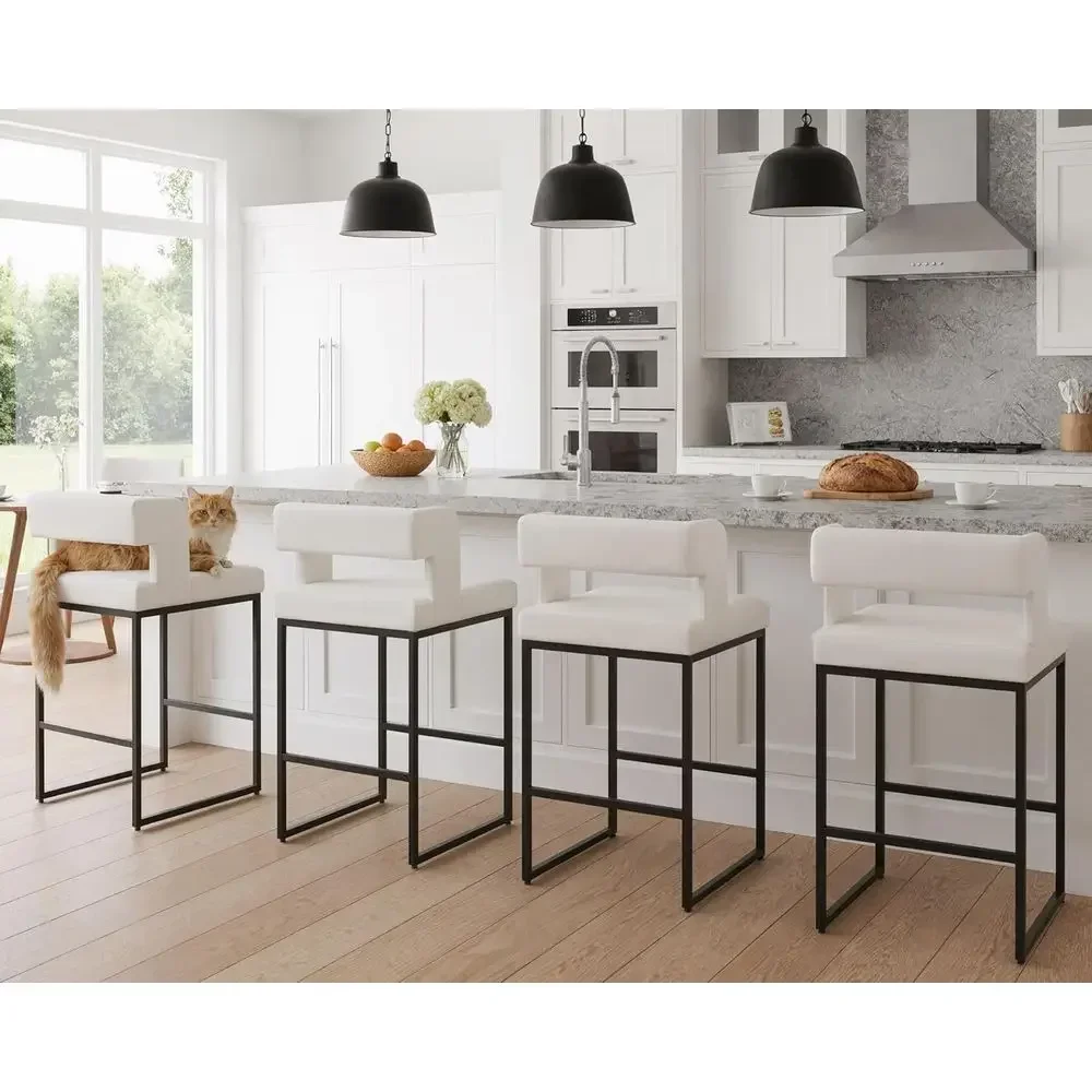 Set of 2 White Leatherette Counter Height Bar Stools with Open Back and Black Metal Frame for Kitchen Island view 5