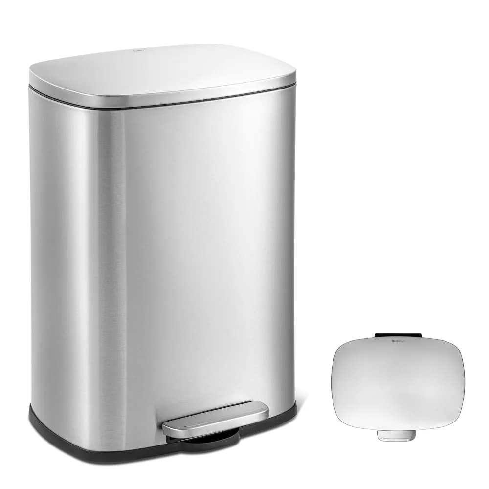 

50L / 13 Gallon Stainless Steel Step-On Kitchen Trash Can Soft-Close Lid, Fingerprint-Resistant, Removable Liner, Slim Rectangl