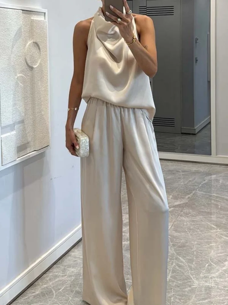Streetwear Satin 2 Stück Sets Frauen Outfit Sommer Kleidung Frauen Ärmellose Halter Top Lange Hose Sets Lässige Trainingsanzüge Frau Set