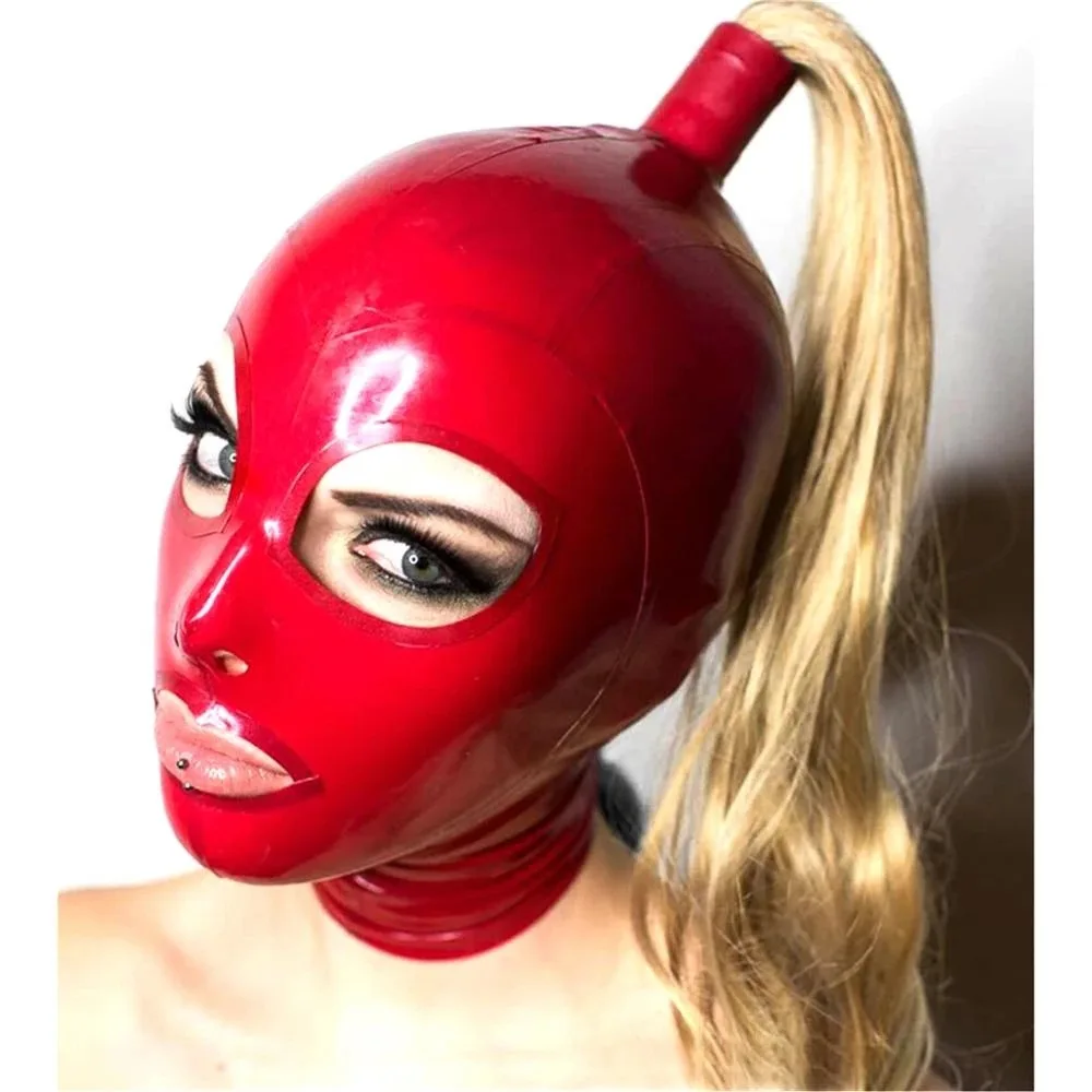 

Adult Latex Rubber Women Mask With Top Hair Through Hole Sexy Hood Red And Blonde Wig Strips Decorated for Female 2024