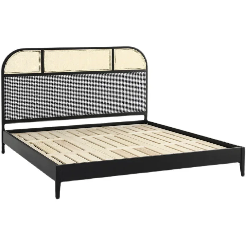 

Solid wood rattan bed modern minimalist small apartment bedroom wabi-sabi walnut retro French 1.8m double rattan bed