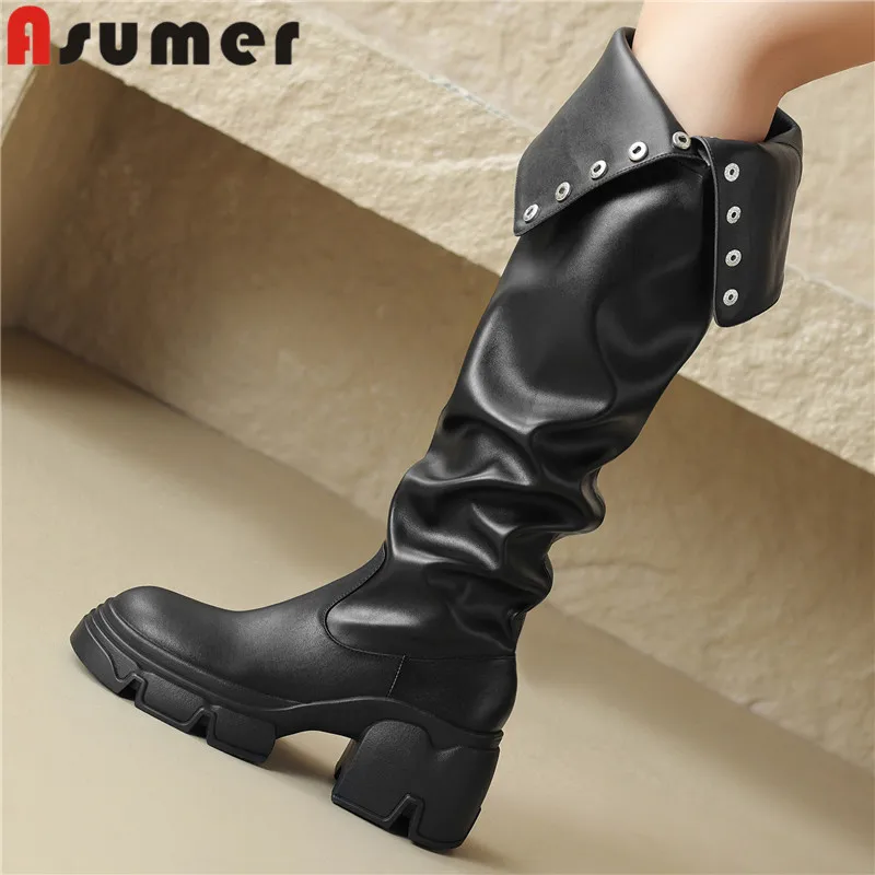 

ASUMER 2024 New Genuine Leather Over The Knee Boots Female Pleated Slip On Winter Boots Square High Heels Platform Boots