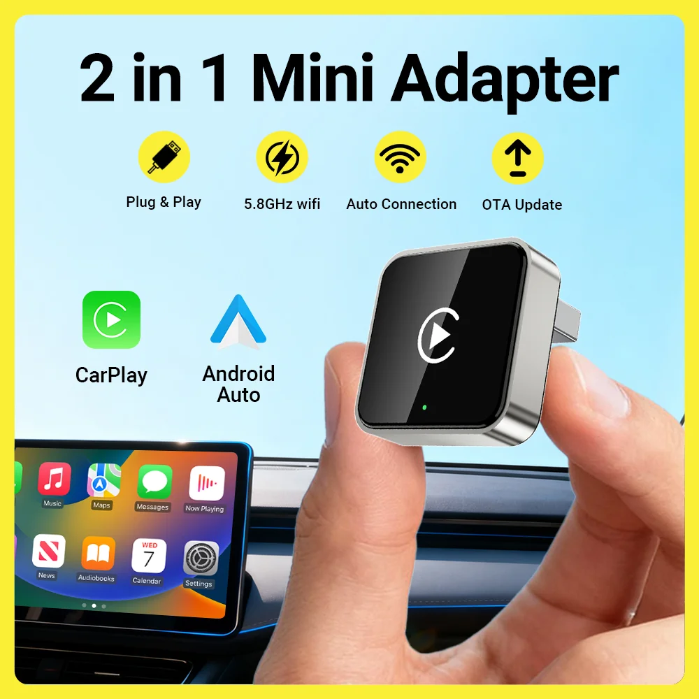 

Новый беспроводной адаптер CarPlay 2026 года для Apple iPhone и Android Auto 2 в 1, мини-USB-донгл CarPlay с быстрым и стабильным подключением