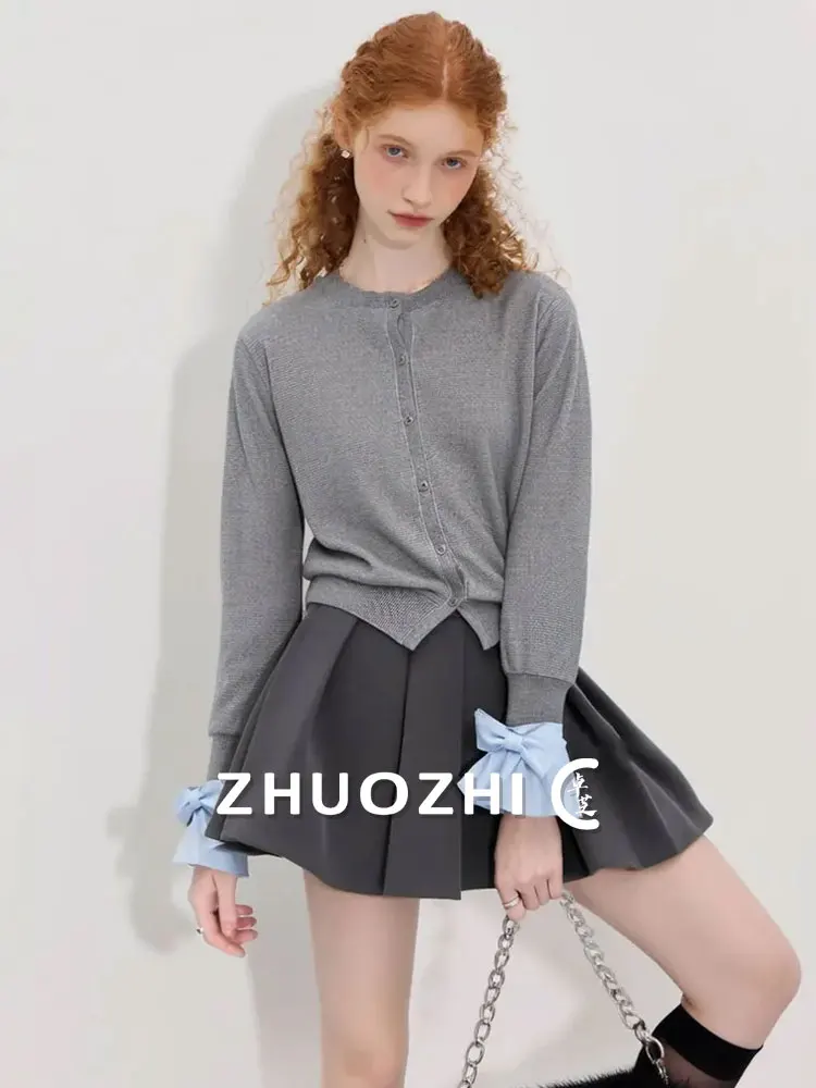 

ZhuoZhi Knot Bell Sve Knitted Sweater round Ne Open Cardigan ay Korean Sle Soft Stretchy Commute Sle