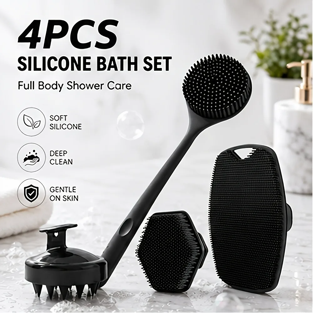 4pcs Shower Brush Set for Back Face Body Scalp Massage Frosted Long Handle Soft Bristles Remove Dead Skin Non Slip Deep Cleaning