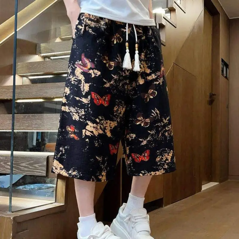 

Summer Men's Loose Fit Ice Silk Seven-Quarter Length Pants Floral Tie-Dye Short Shorts Breathable Comfortable plus Size Chine...