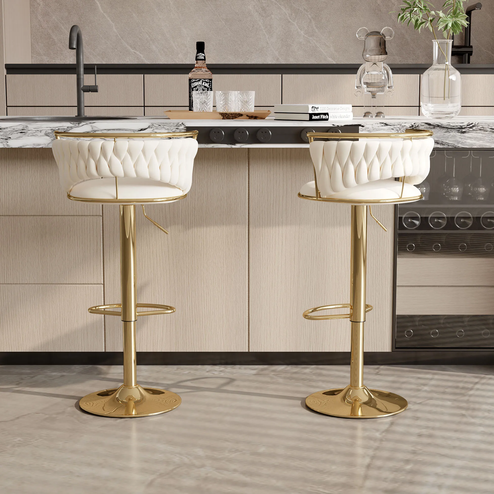 Sgabello da Bar moderno da 2 pezzi con schienale, sgabelli da Bar piccoli regolabili in altezza, tessitura in velluto e sgabello da bancone in