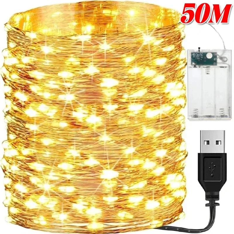 

Светодиодная гирлянда 2/50 м, USB/батарейки, медный провод, для декора на Рождество, свадьбу, вечеринку, праздничное освещение