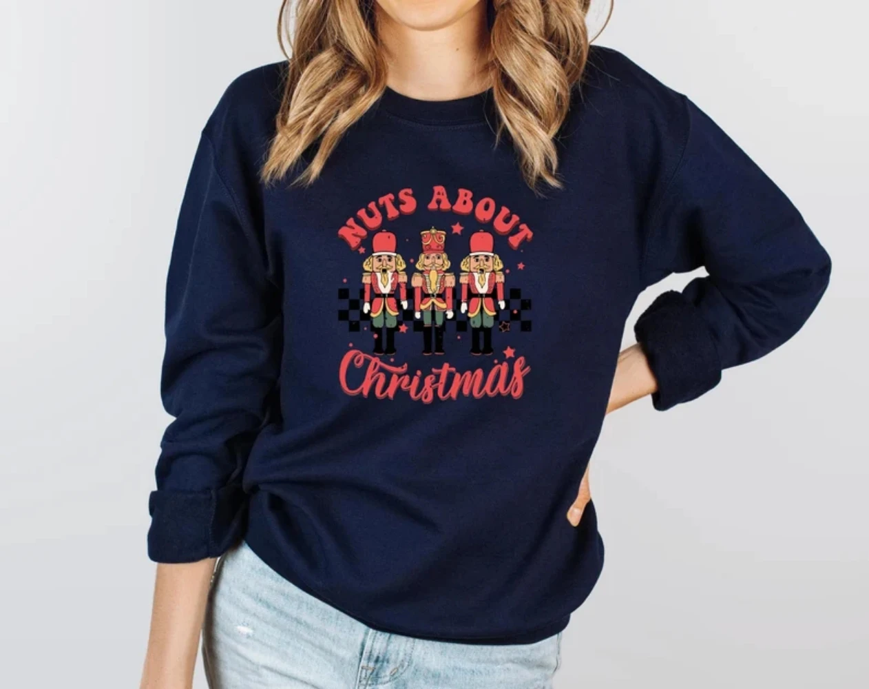 Nuts About Christmas Nutcracker Sweatshirt Christmas Party Retro Tee Holiday Apparel Cute Funny Shirt Winter Women Clothes