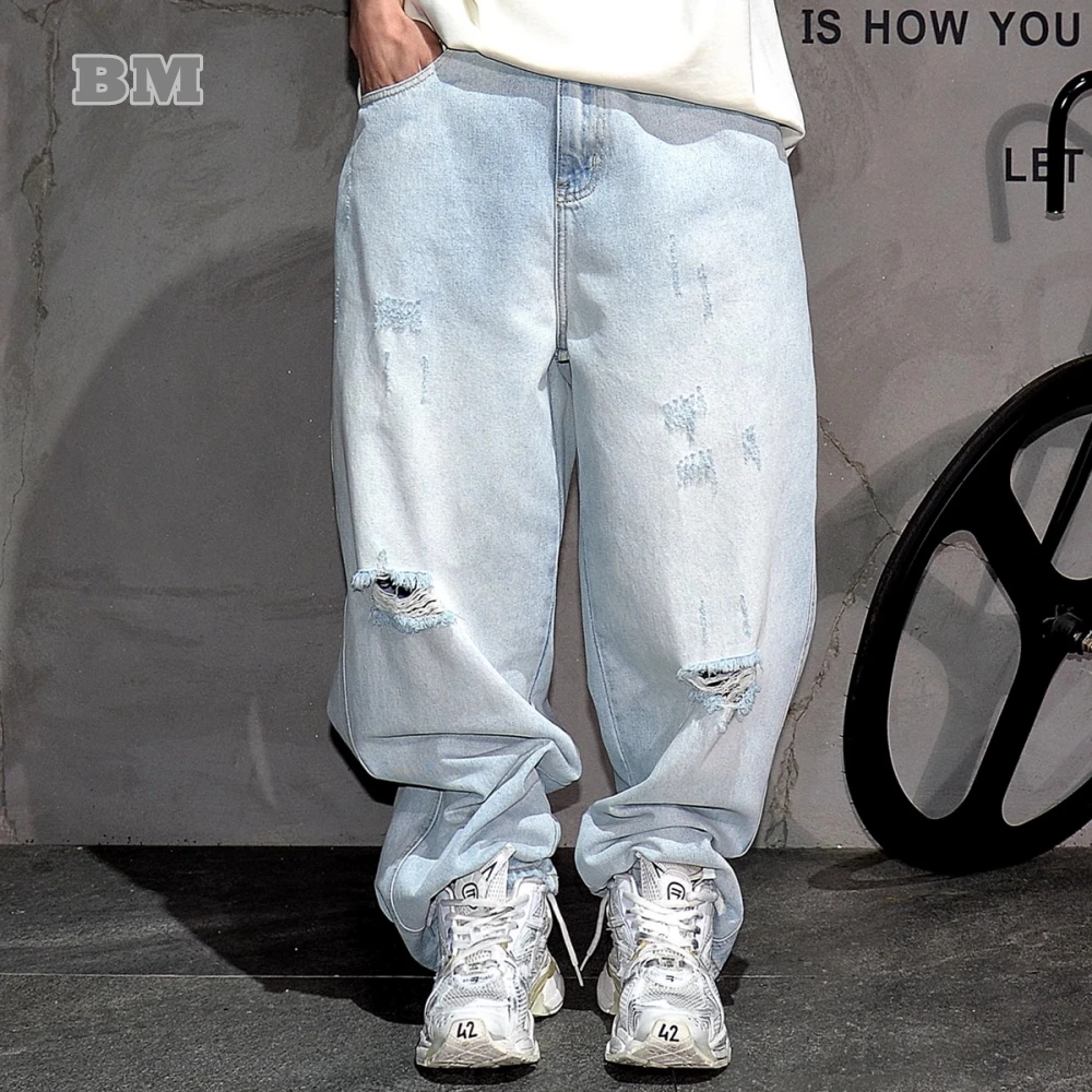 

Mens Casual Loose Fit Ripped Distressed Jeans Light Blue Denim Cargo Pants Korean Streetwear Hip Hop Trendy Baggy Trousers Male