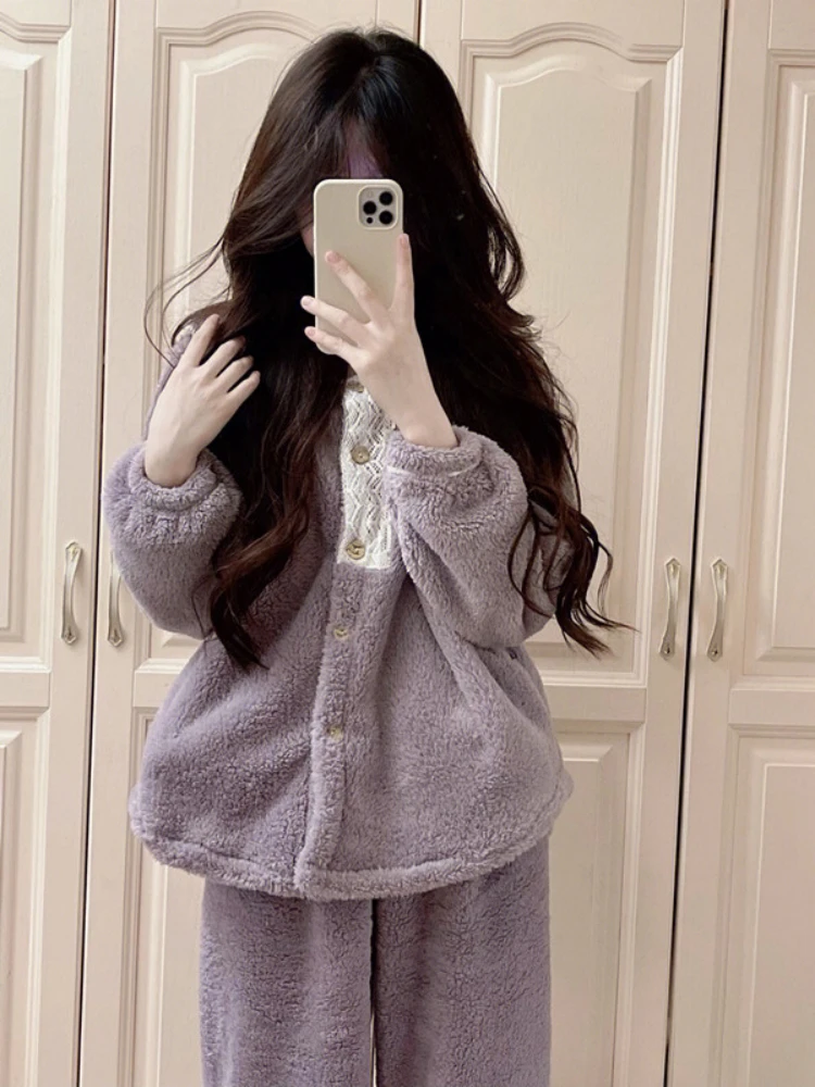 Thickened Coral Fleece Sleepwear Women's Winter Home Clothes Adorable Korean Style Flannel Pajamas Long Sleeve Long Pants