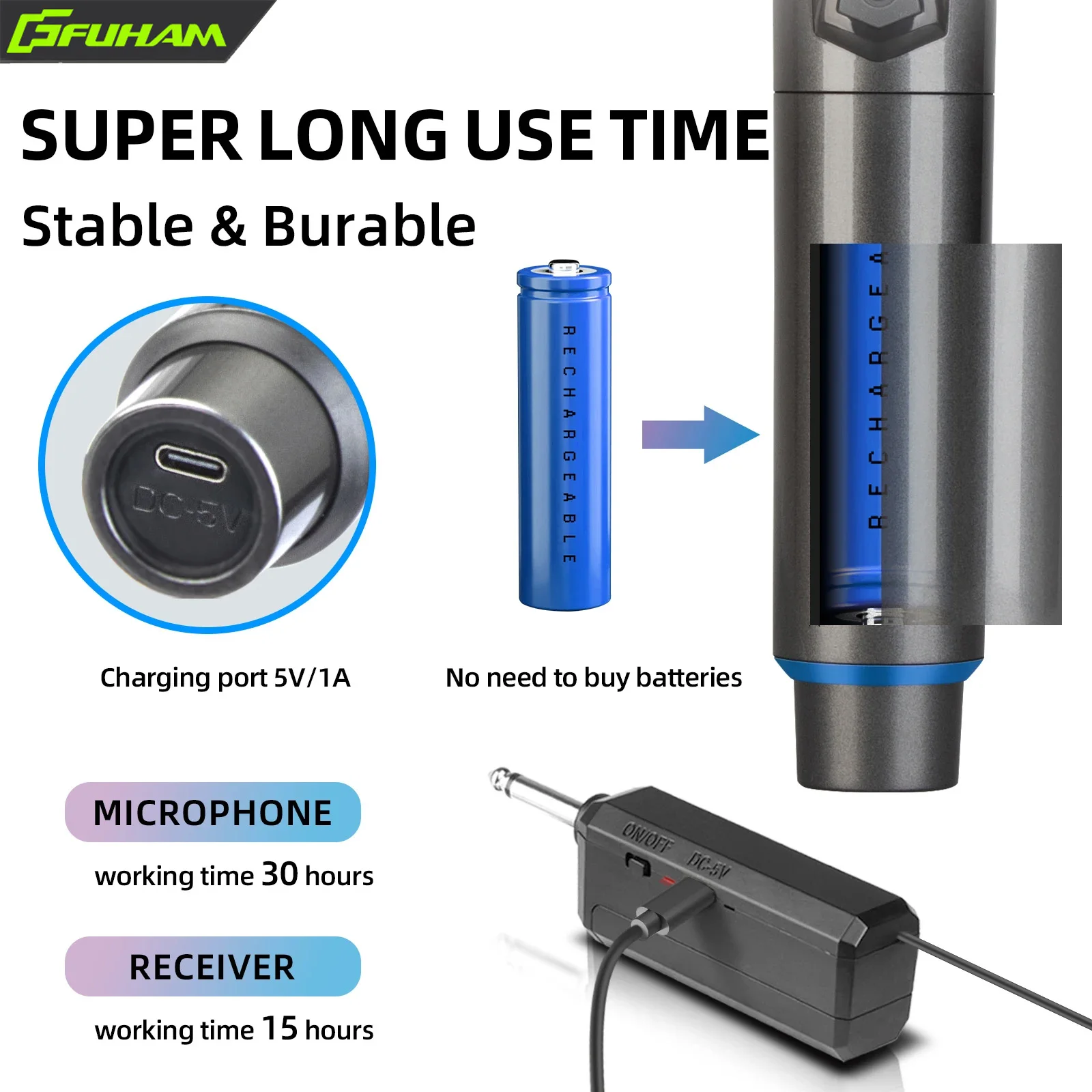 ميكروفون لاسلكي 2.4G 2 قنوات UHF ميكروفون محمول قابل لإعادة الشحن للكاريوكي واللايف وحفلات الزفاف والحفلات والاجتماعات