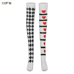 Women Stockings Student Thigh High Socks Vintage Argyle Card Stripes Over Knee Socks Witch Crazy Clown Cosplay Costume Accessory