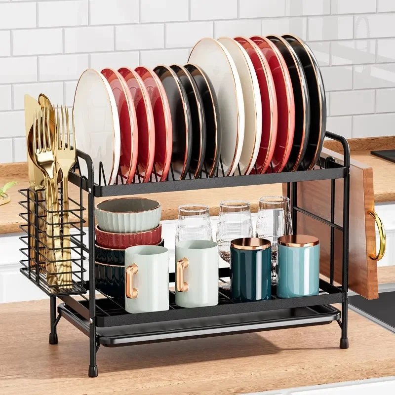 2-Tier Dish Organizer with Drain Tray Space-Saving Kitchen Storage Rack for Plates Utensils and Cups