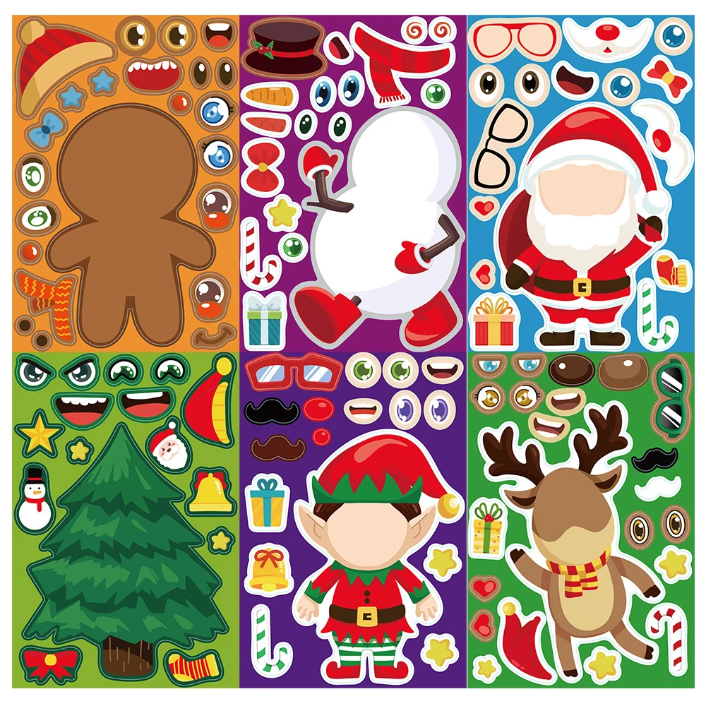 8/16Sheets Christmas Cartoon Puzzle Stickers Create Your Own Santa Christmas Tree DIY Make-a-Face Jigsaw Games Party Favor Toy